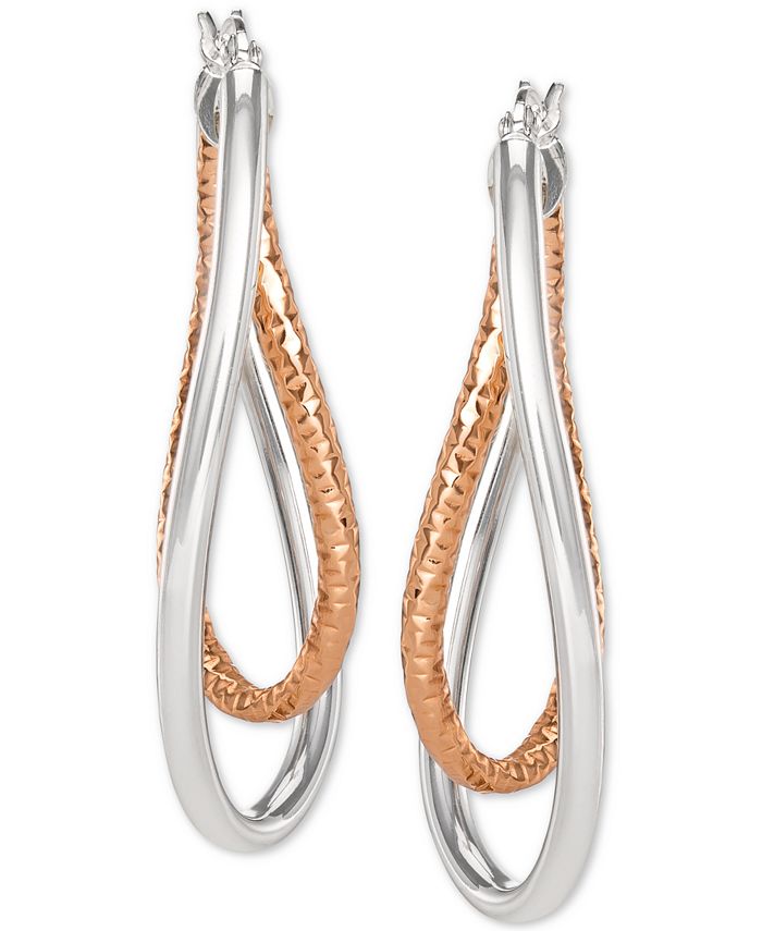 Macy's - Two-Tone Textured & Polished Twist Hoop Earrings in Sterling Silver & 18k Rose Gold-Plate
