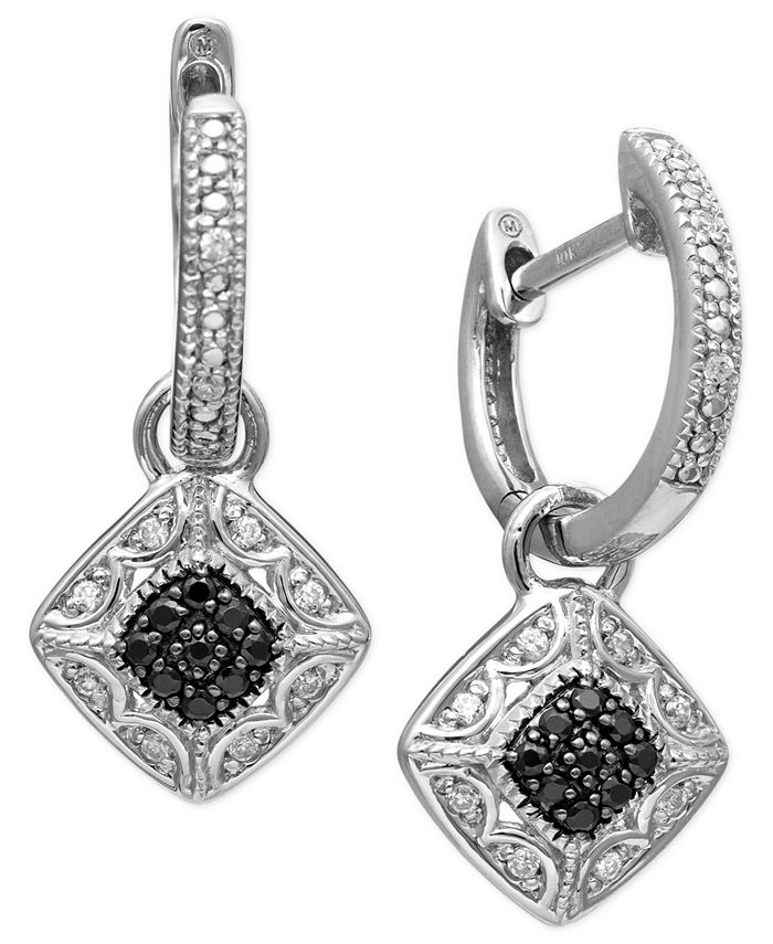 Macy's Sterling Silver Earrings, Black and White Diamond Drop Hoop Earrings (1/4 ct. t.w