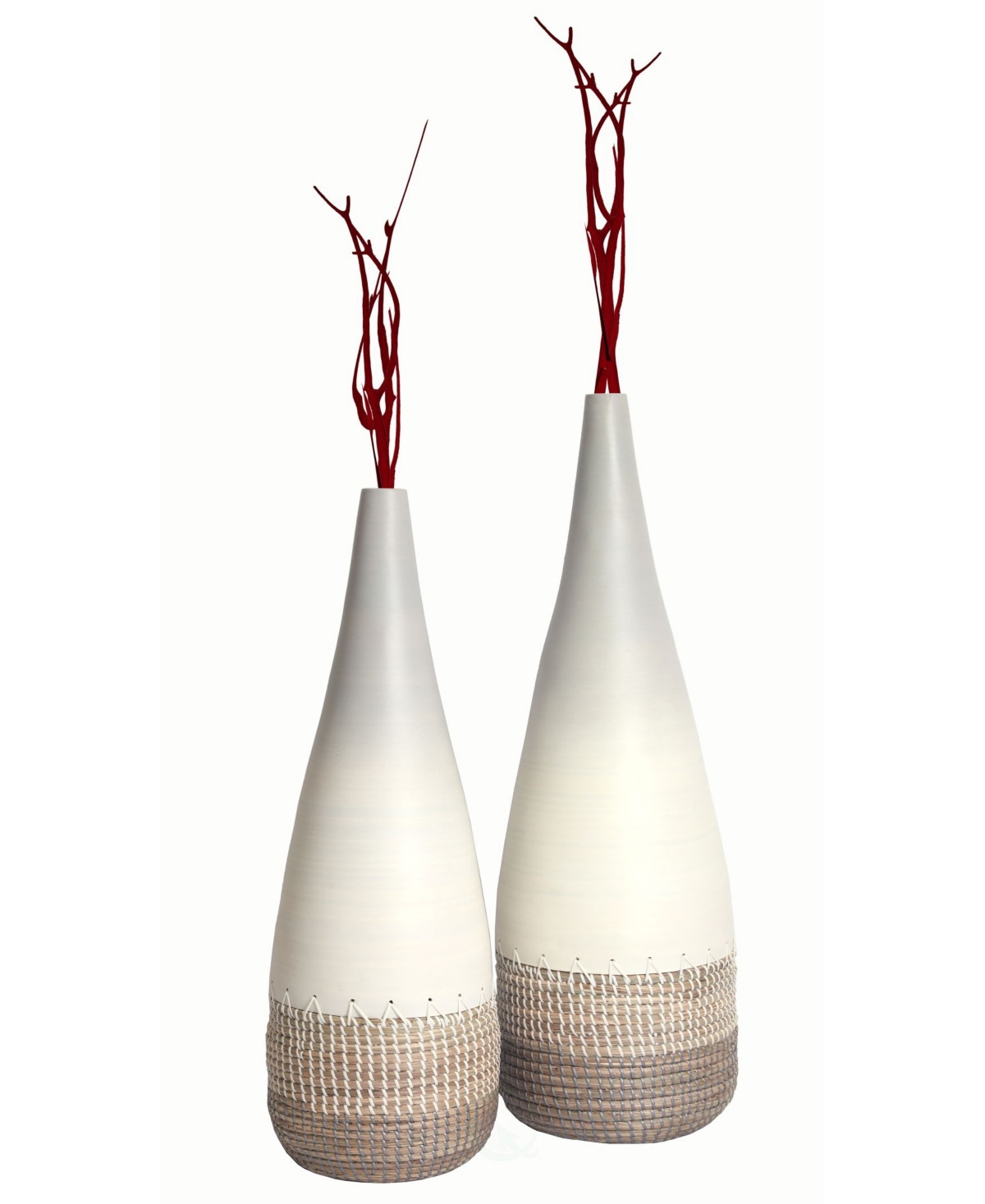 Uniquewise Spun Bamboo And Coiled Seagrass Patterned Vase, Set Of 2 In White