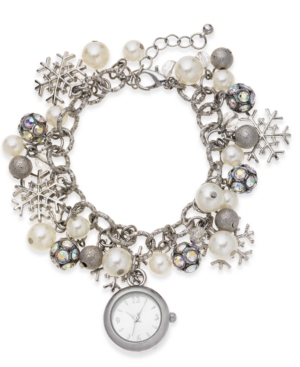 image of Holiday Lane Women-s Snowflake Silver-Tone Charm Bracelet Watch 26mm, Created for Macy-s