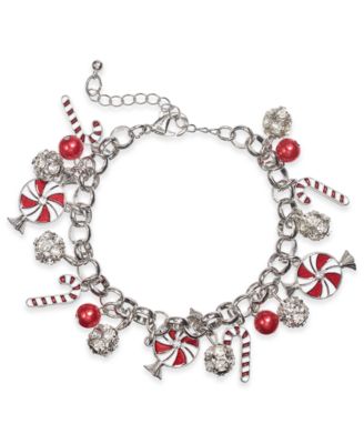 Photo 1 of Holiday Lane Silver-Tone Crystal & Imitation Pearl Peppermint Charm Bracelet, Created for Macy's