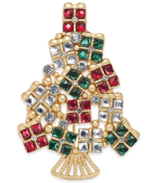 image of Holiday Lane Gold-Tone Crystal Gifts Tree Pin, Created for Macy-s