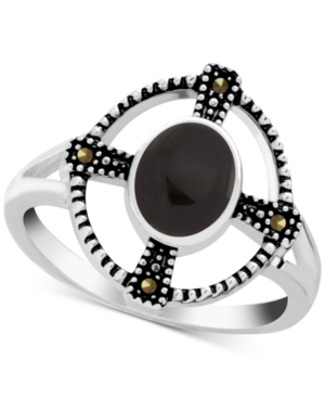 image of Genuine Swarovski Marcasite & Onyx Statement Ring in Fine Silver-Plate (Also in Reconstituted Turquoise)