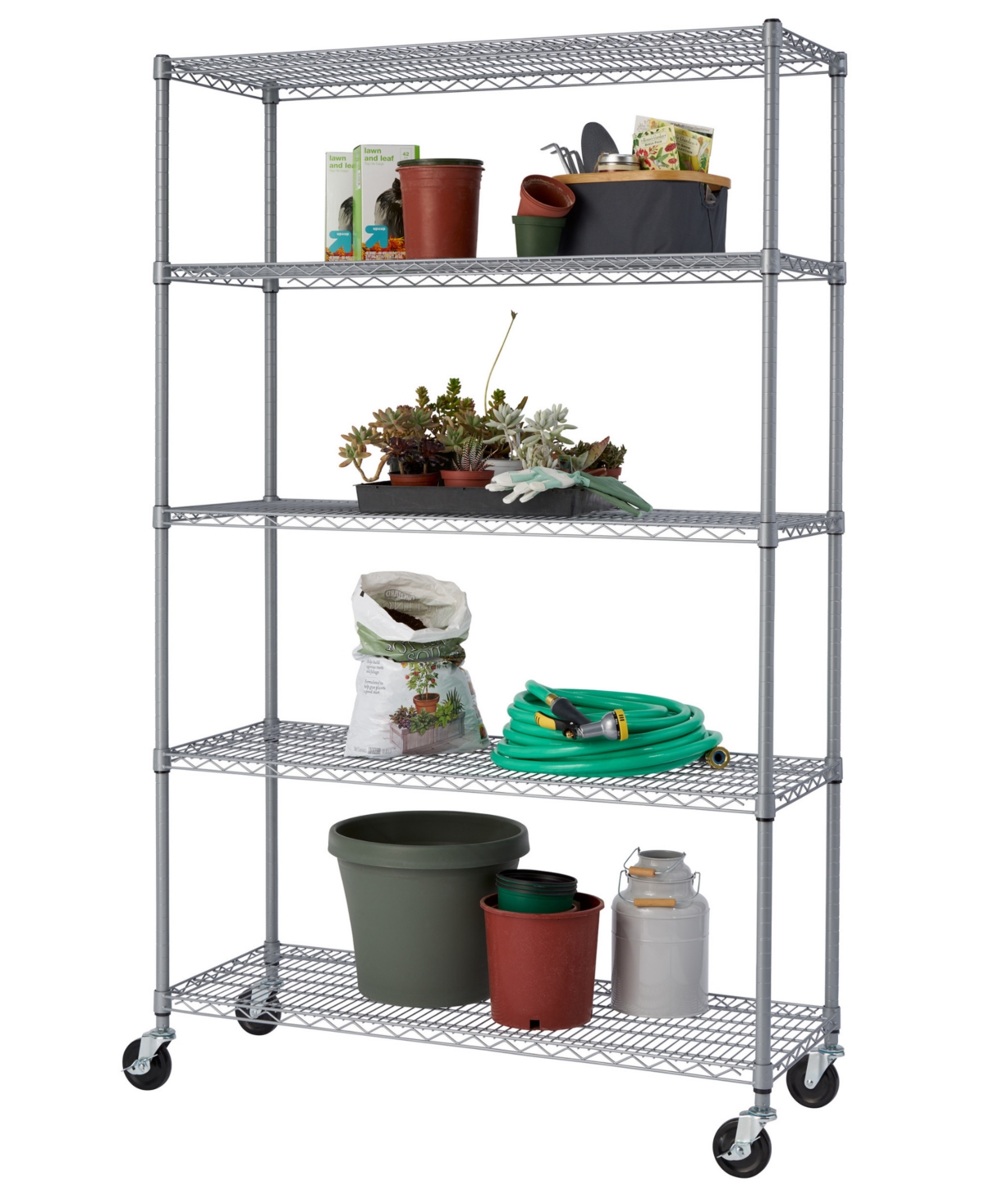 5-Tier Outdoor Wire Shelving Rack with Nsf Includes Wheels - Gray