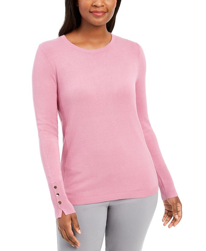 JM Collection Button-Cuff Crewneck Sweater, Created for Macy's - Macy's