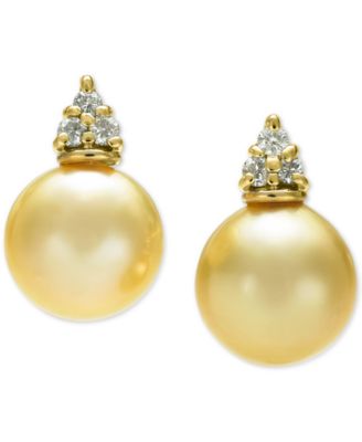 Macy's - Cultured Golden South Sea Pearl (9mm) & Diamond (1/8 ct. t.w.) Stud Earrings in 14k Gold