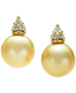 image of Cultured Golden South Sea Pearl (9mm) & Diamond (1/8 ct. t.w.) Stud Earrings in 14k Gold