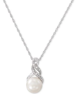 Cultured Freshwater Pearl (8 & 9mm) and Diamond Accent Pendant Necklace and Earrings Set in Sterling Silver or 14k Gold Over Silver