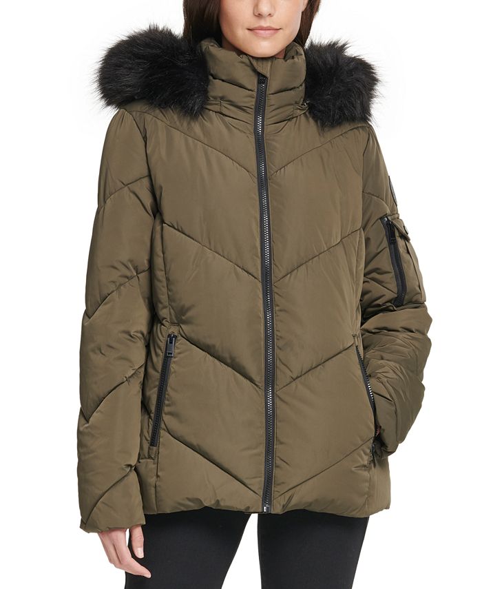 DKNY Petite Hooded Faux-Fur-Trim Puffer Coat - Macy's