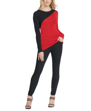 Dkny Colorblocked Asymmetrical Sweater In Black/red
