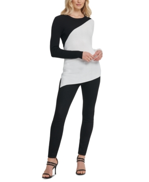 Dkny Colorblocked Asymmetrical Sweater In Black/ivory