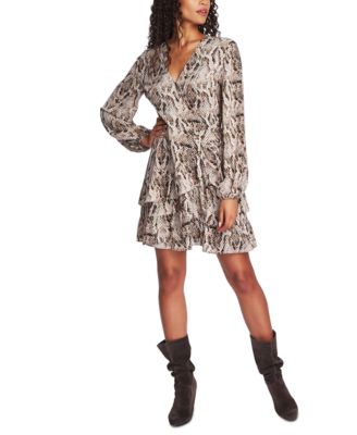 Women's Long Sleeve Ruffled Snake-Print Wrap Dress