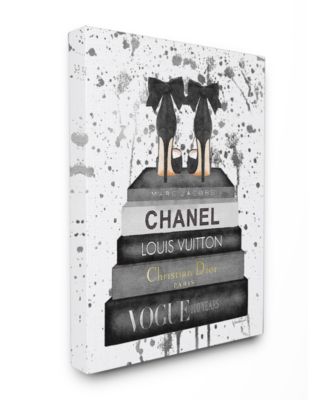 Glam Fashion Book Stack Gray Bow Pump Heels Ink Canvas Wall Art, 16" x 20"