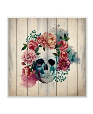 Floral Skull Watercolor on Planks Wall Plaque Art, 12" x 12"