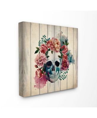 Floral Skull Watercolor on Planks XL Canvas Wall Art, 30" x 30"