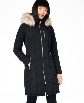 black faux fur trim hooded puffer coat