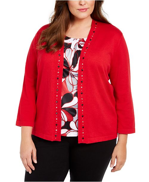 Alfred Dunner Plus Size Well Red Beaded Trim Layered Look Top