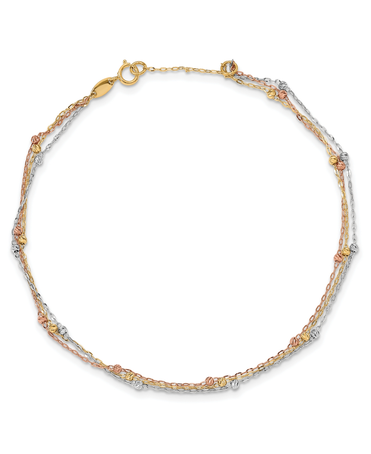 Three Strand Beaded Anklet in 14k White, Yellow and Rose Gold - Tri Gold