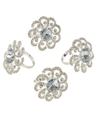 Jeweled Floral Napkin Ring Set of 4, 1.5" x 1.5"