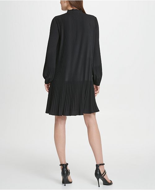 dkny long sleeve tie neck pleated shift dress