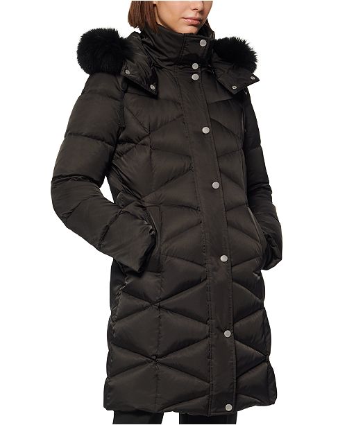 Andrew Marc Diamond Quilt Fox Fur Trim Hooded Down Coat