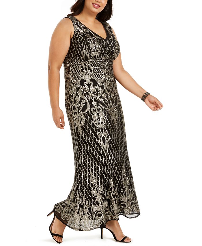 r & m richards plus size sequined godet gown