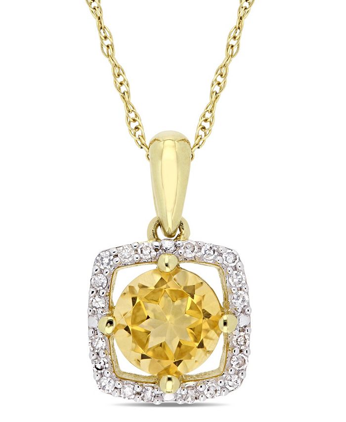 Macy's - Citrine (3/4 ct. t.w.) and Diamond (1/10 ct. t.w.) Square Halo 17" Necklace in 10k Yellow Gold