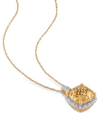 Macy's - Cushion Cut Citrine (4 ct. t.w.) and Diamond (1/10 ct. t.w.) Halo 17" Necklace in 10k Yellow Gold