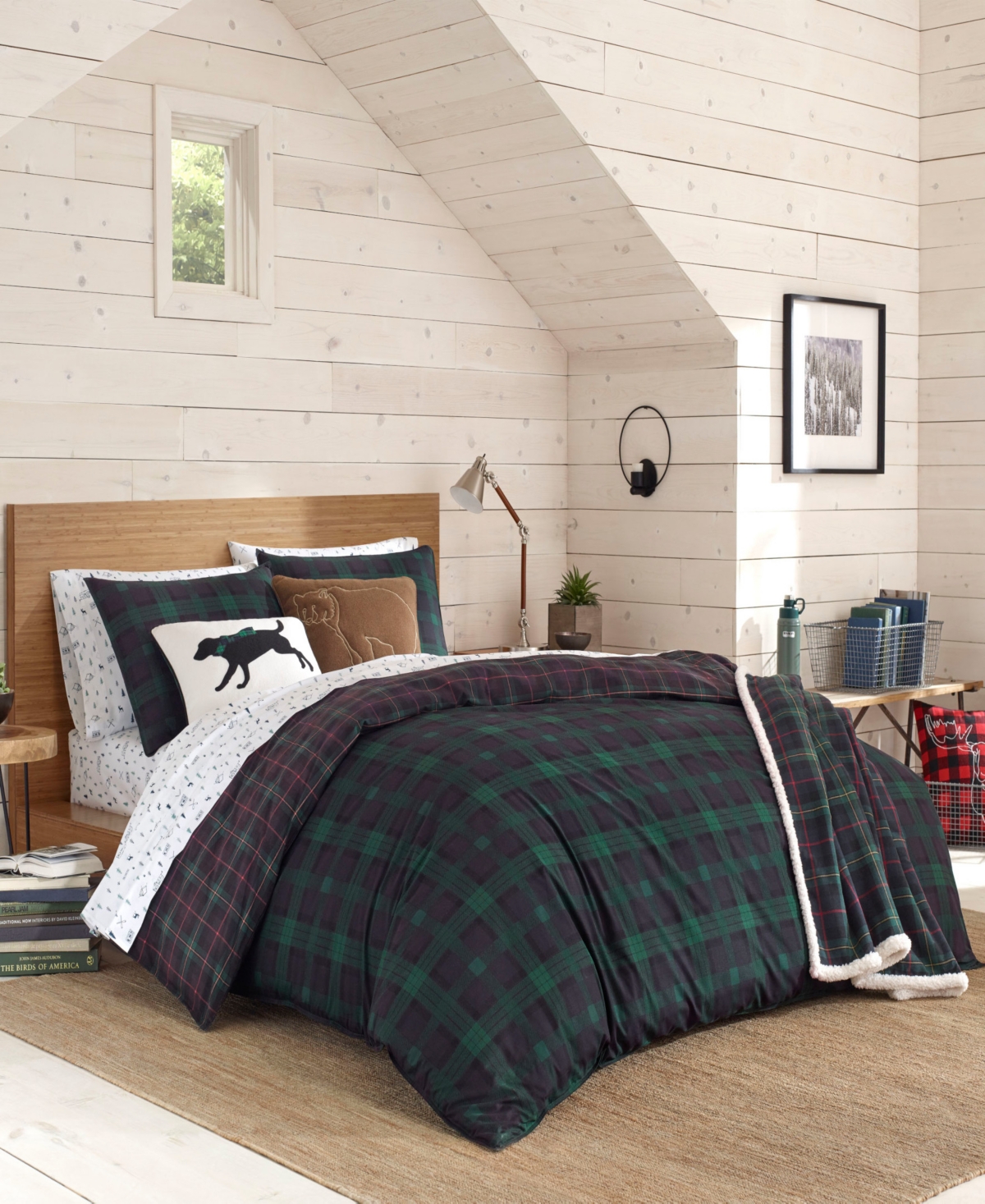 EDDIE BAUER WOODLAND TARTAN GREEN DUVET COVER SET, TWIN BEDDING
