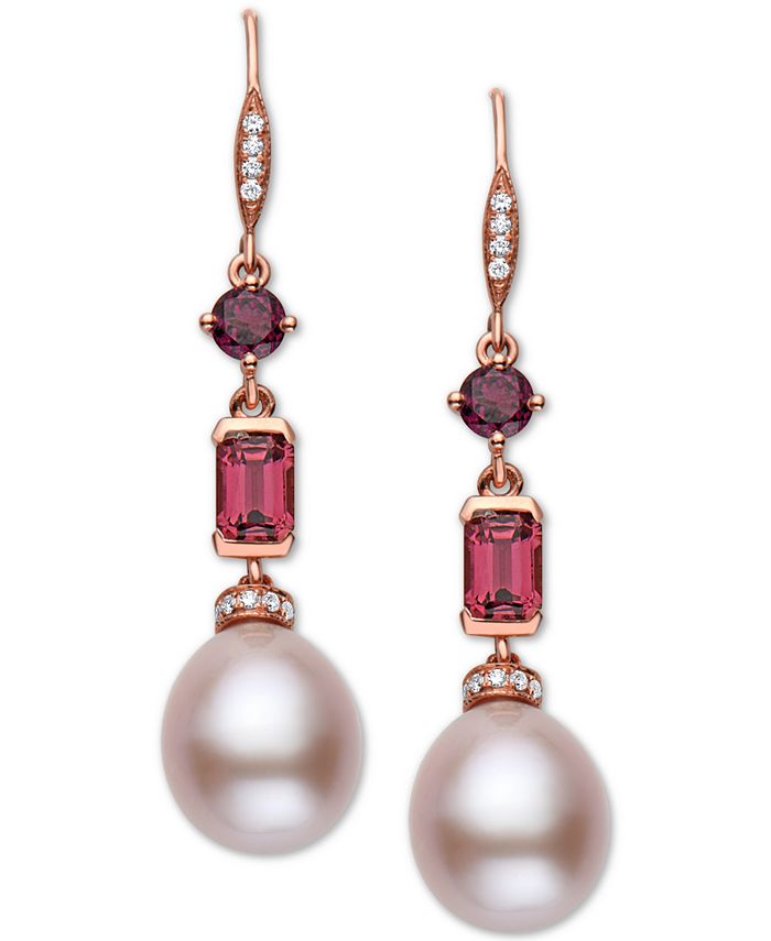 EFFY Collection - Pink Cultured Freshwater Pearl (12 x 10mm), Multi-Gemstone (2 ct. t.w.) & Diamond (1/8 ct. t.w.) Drop Earrings in 14k Rose Gold