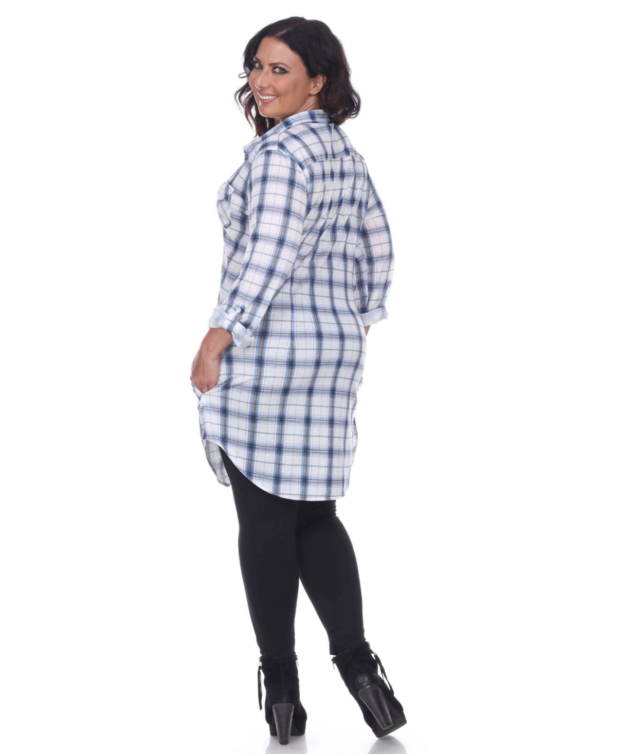 White Mark Plus Piper Womens Plaid Button Front Tunic Top In Blue White