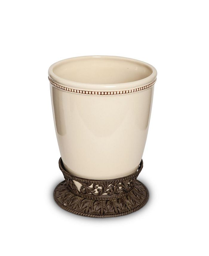 The GG Collection - Small Cream Ceramic Wastebasket With Acanthus Leaf Metal Base