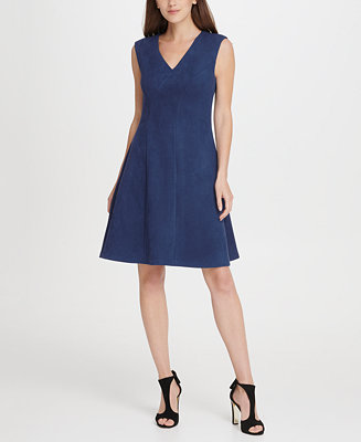 DKNY V-Neck Suede Seamed Fit Flare Dress - Macy's
