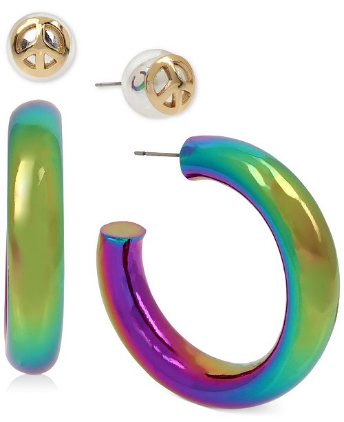 Bcbgeneration Gold Tone 2 Pc Set Peace Sign Stud Rainbow Hoop