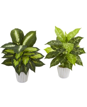 Nearly Natural 19" Dieffenbachia Artificial Plant In White Vase, Set Of 2 In Green