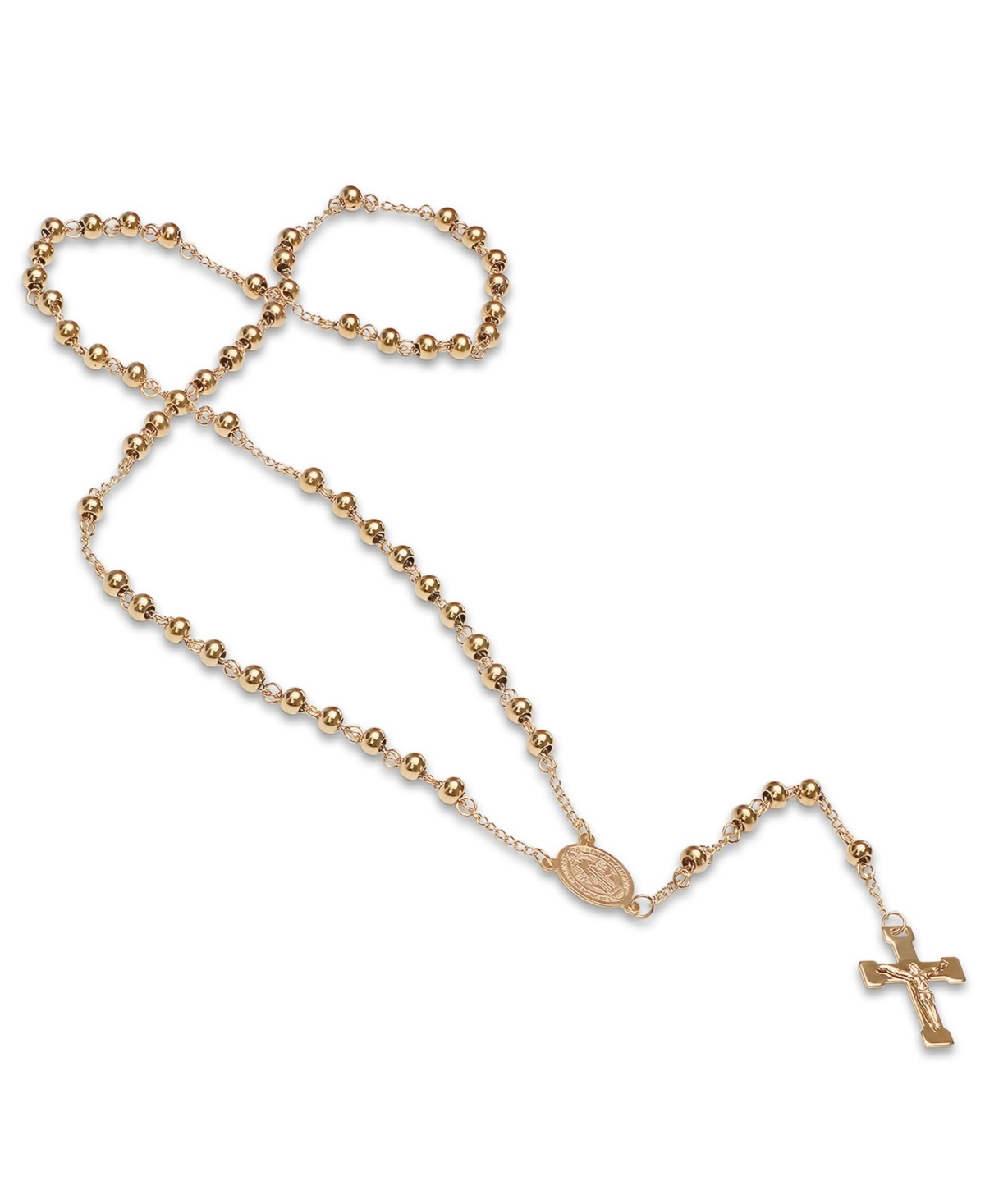 Unisex 18K Gold Plated Stainless Steel Beaded Classic Rosary Necklace - Gold Tone