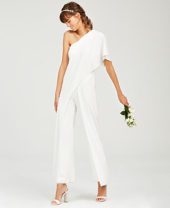 One Shoulder White Rehearsal Dimmer Jumpsuit by Adrianna Papell