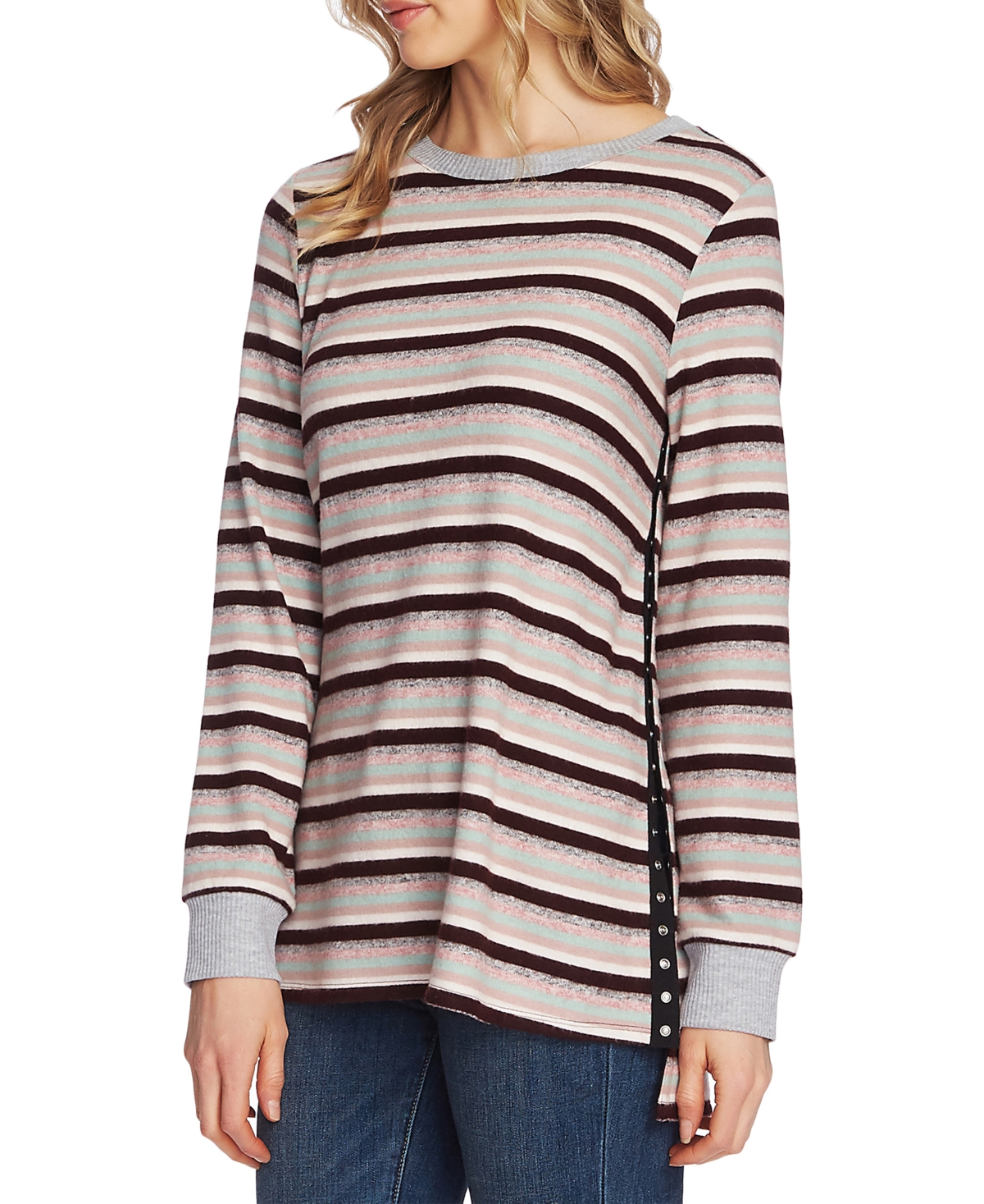 Vince Camuto Striped Crewneck Sweater In Port