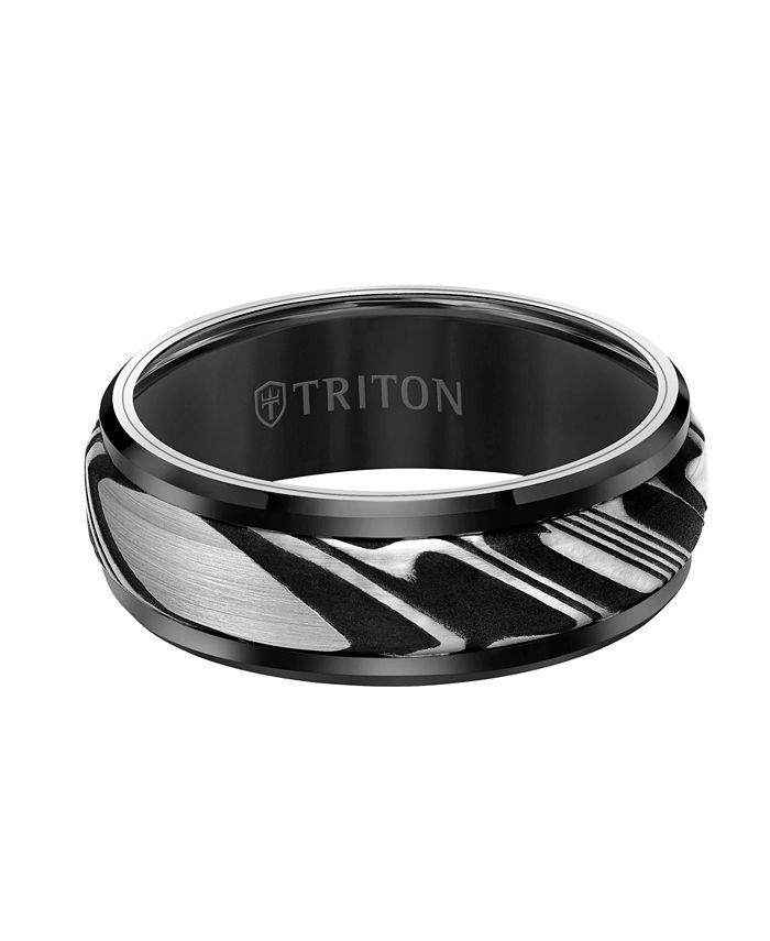 Triton - 8MM Black Tungsten Carbide Ring with Damascus Steel