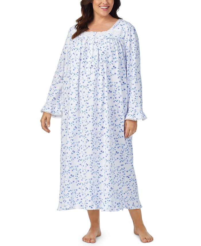 Eileen West Plus Size Cotton Floral-Print Lace-Trim Waltz Nightgown ...