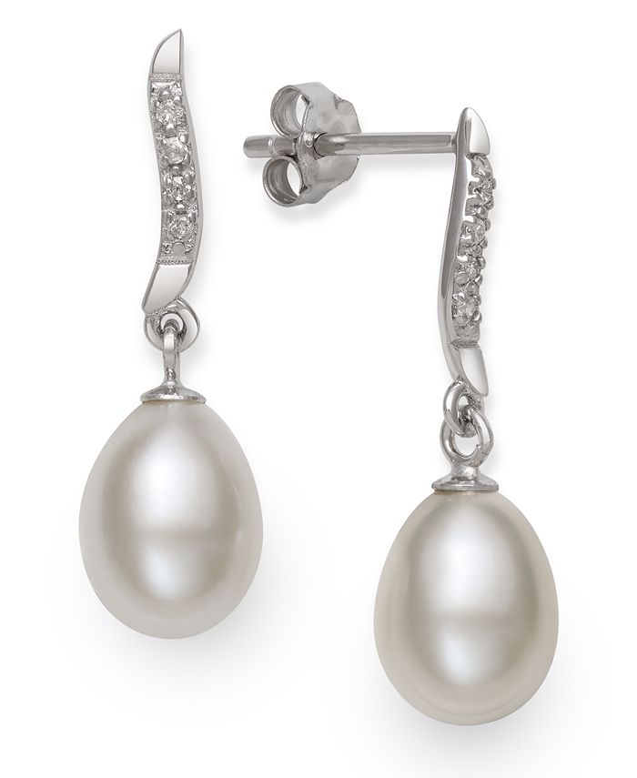 Macy's - Cultured Freshwater Pearl (7-8 mm) and Diamond Accent Swirl Earring in Sterling Silver