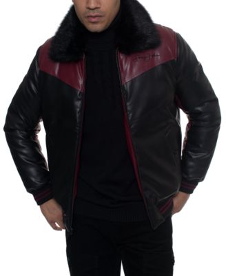 Sean John - Men's Faux Leather Mixed Media Chevron Quilt Bomber Jacket with Removable Faux Fur Collar