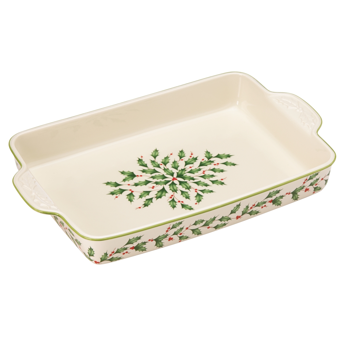 Lenox Holiday Rectangular Baker - Ivory Body With Red And Green Holly And