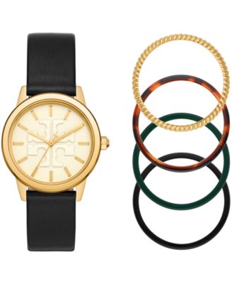 人気商品！Tory Burch Gigi Watch Black Silicone/Gold-Tone Tory Burch Women's Gigi Black Leather Strap Watch Box Set