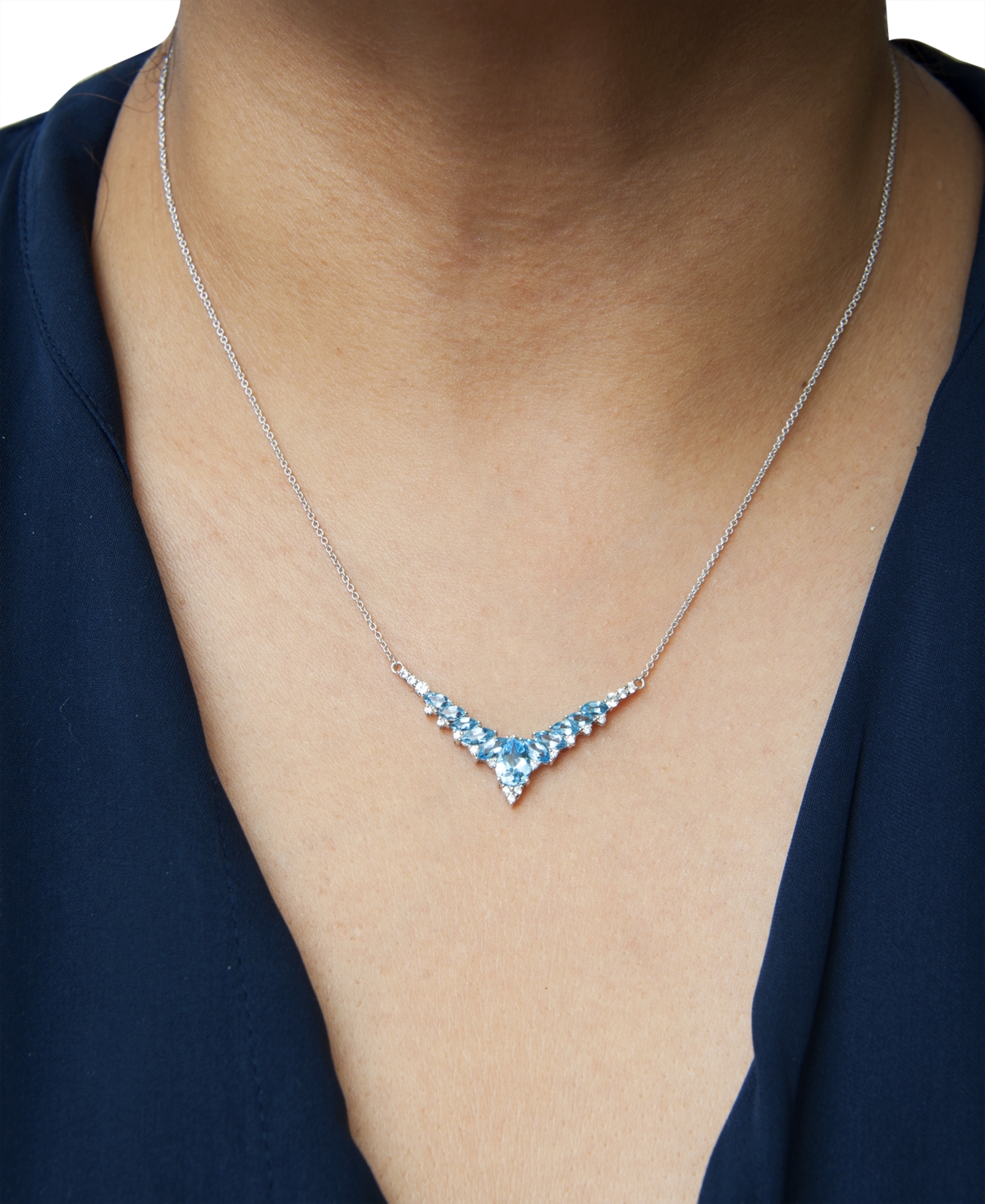 Macy's Garnet (2-1/3 Ct. T.w.) & White Topaz (3/8 Ct. T.w.) V-shape 17" Statement Necklace In Sterling Silv In Blue Topaz