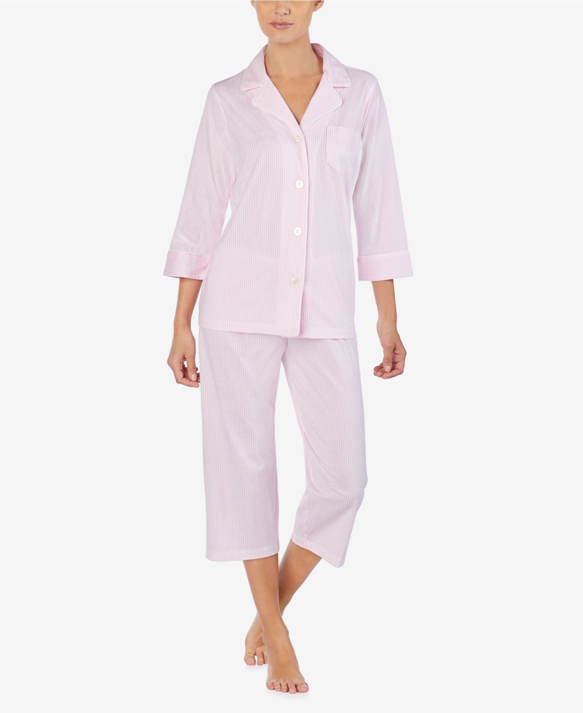 Lauren Ralph Lauren 3/4 Sleeve Classic Notch Collar Capri Pajama Set In Pink
