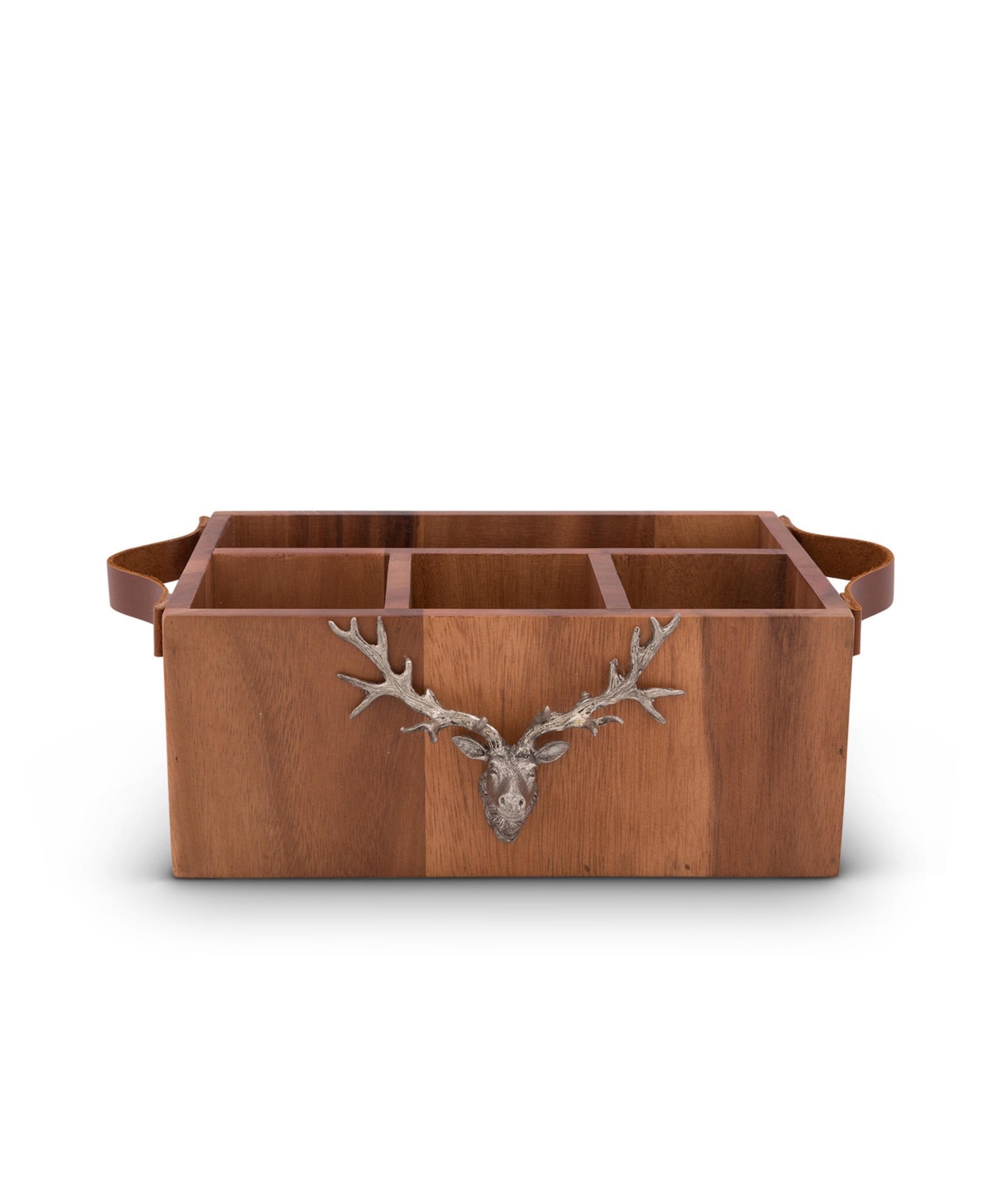 Vagabond House Caddy Rectangle Acacia Wood Flatware, Serve Ware, Utensil, Carry-All Holder with SolidRustic Elk Head Accent and Real Leather H