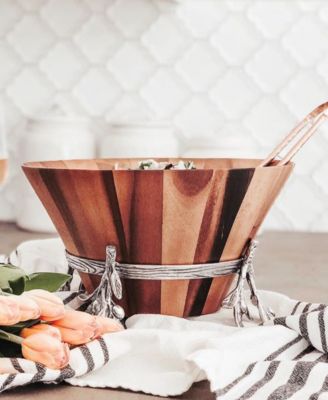 Acacia Wood Salad Bowl in Metal Stand, Sand-Cast Aluminum Stand in Olive Pattern