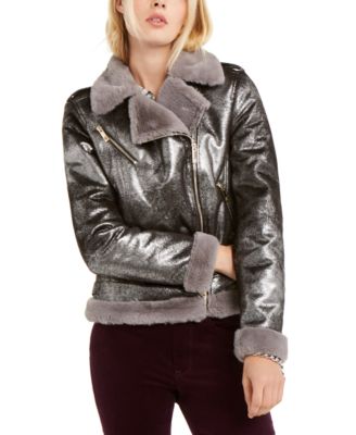 Tommy Hilfiger Faux-Shearling Metallic Moto Jacket, Created for Macy's