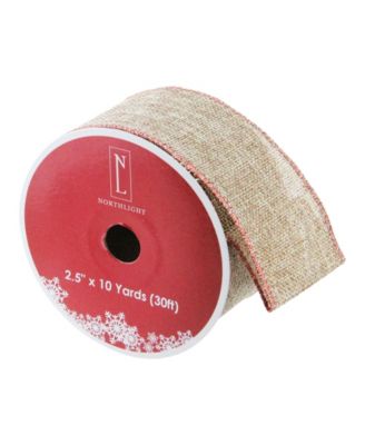 Pack of 12 Beige Burlp and Red Trim Wired Christmas Craft Ribbon Spools - 2.5" x 120 Yards Total